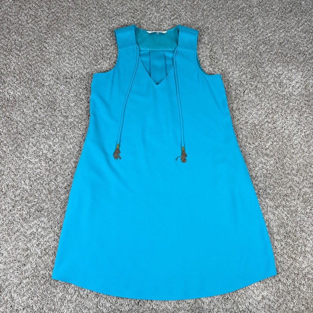 Trina Turk Shift Dress Womens Medium Turquoise Blue Tassel Tie V Neck Mod